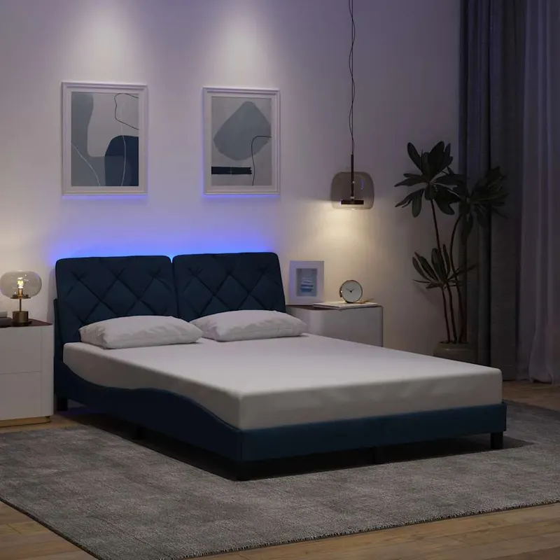 cadru de pat cu led fara saltea albastru 120x200 cm material