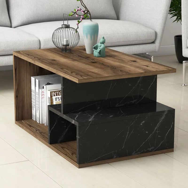 Măsuță de cafea Arte 2040, Dark walnut - Black marble, 90x42x54 cm - Nuc - Negru
