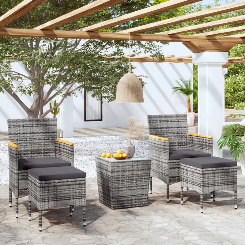 set mobilier bistro gradina 5 piese gri, poliratan si sticla