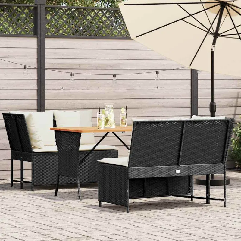 set mobilier de gradina cu perne, 3 piese, negru, poliratan