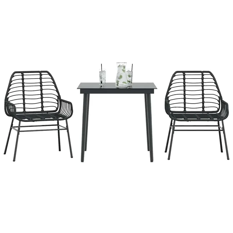 set de sufragerie de gradina 3 piese sticla neagra poli ratan