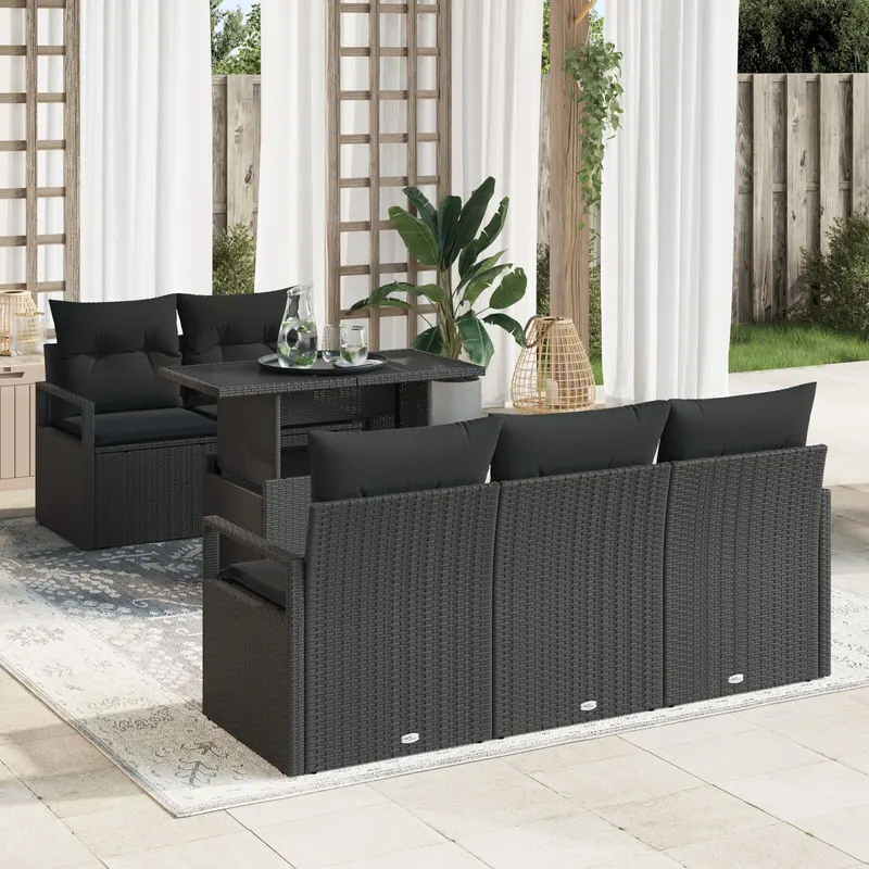 Set sofa gradina cu pernute negru ratan poli, sofa gradina pentru 2 persoane cu spatiu stocare & pernute negru ratan poli