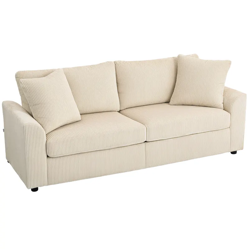 HOMCOM Canapea 3 Locuri din Catifea Reiată cu 2 Perne, 212x80x88 cm, Crem