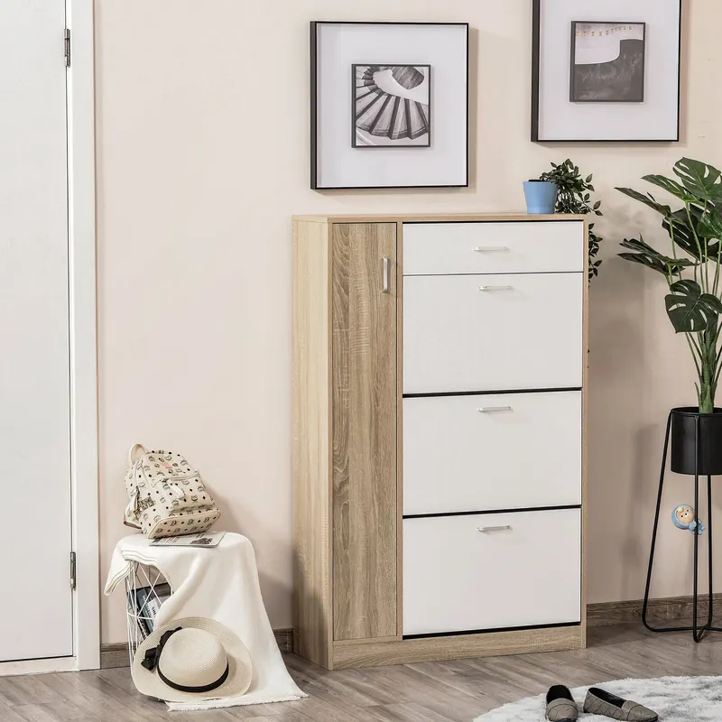 HOMCOM Suport pentru Pantofi Modern care Economiseste Spatiu cu 3 Usi si Rafturi Reglabile, Sertar si Dulapior cu Polite, Culoarea Lemnului si Alb