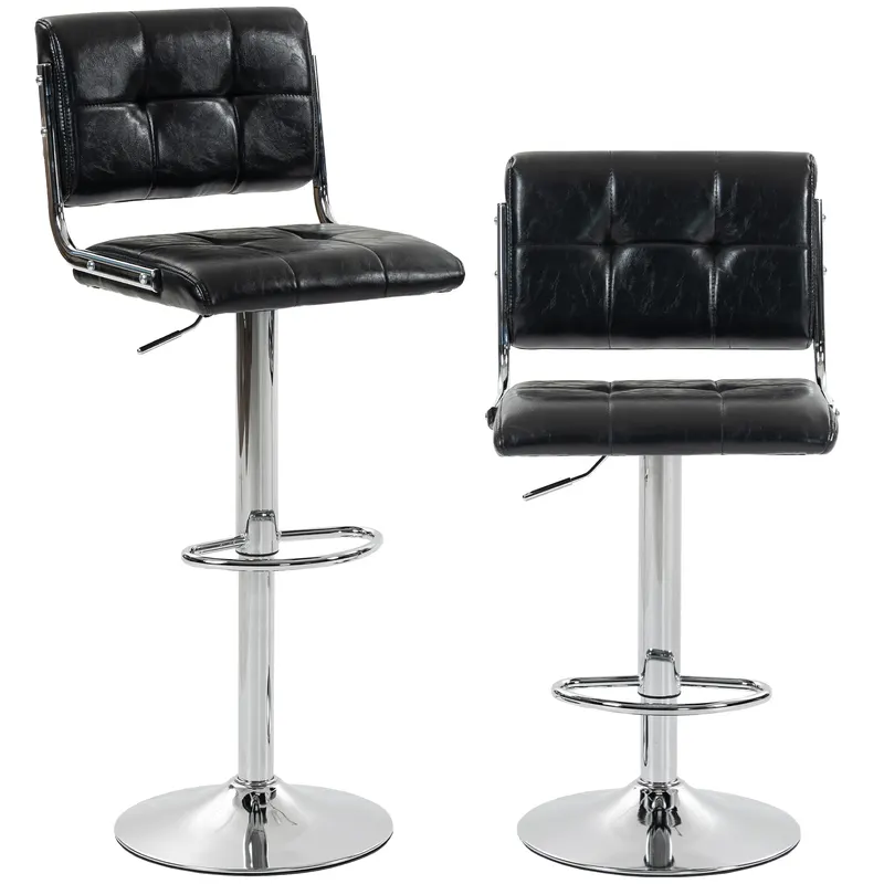 HOMCOM Set de 2 scaune de bar, înălţime reglabilă, rotativ 360°, şezut captuşit, spătar şi suport pentru picioare, negru