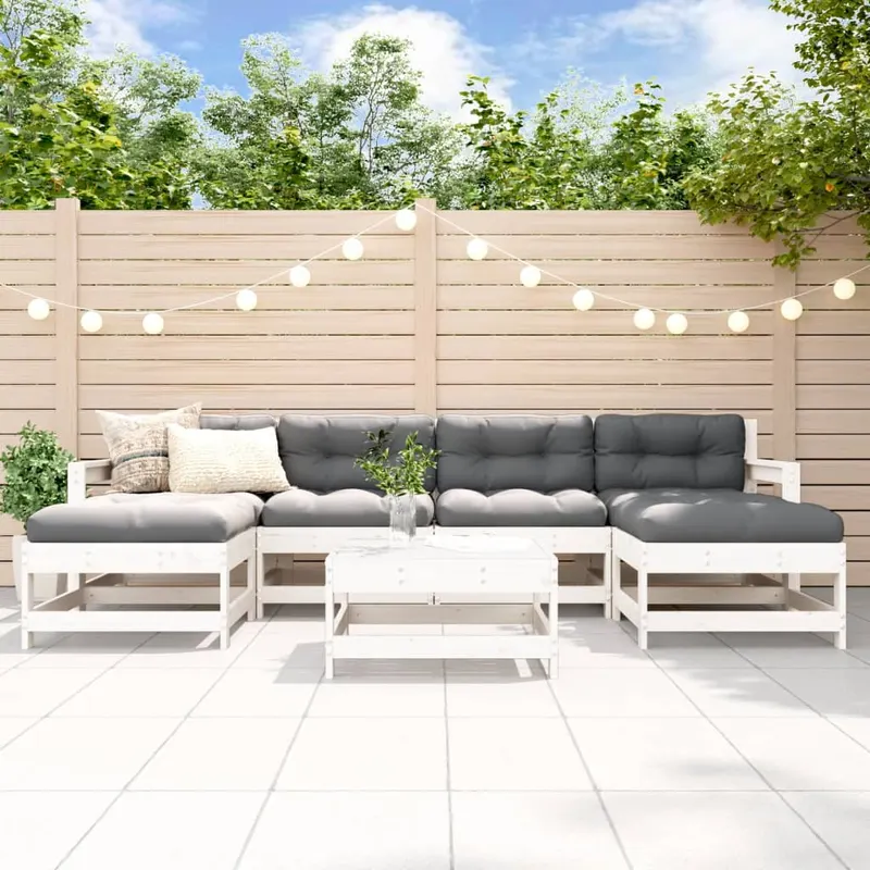 set mobilier de gradina cu perne, 7 piese, alb, lemn masiv