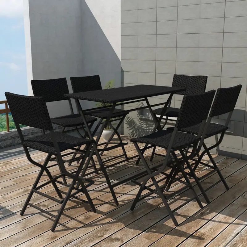 set mobilier exterior pliabil, 7 piese, negru otel, poliratan