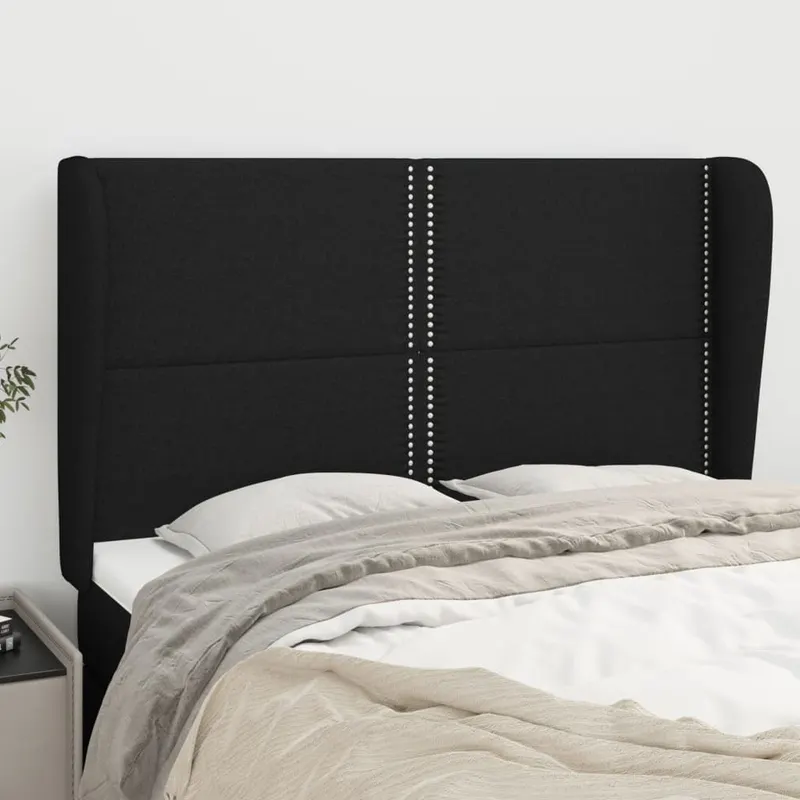 Tablie de pat cu aripioare, negru, 147x23x118/128 cm, textil