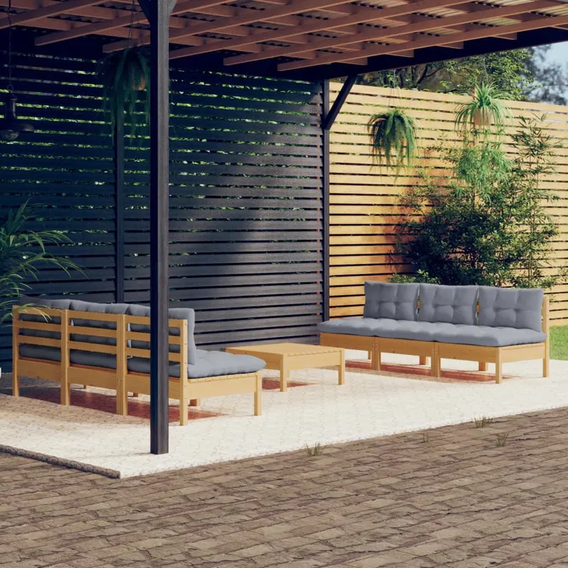 set mobilier gradina cu perne gri, 7 piese, lemn masiv de pin