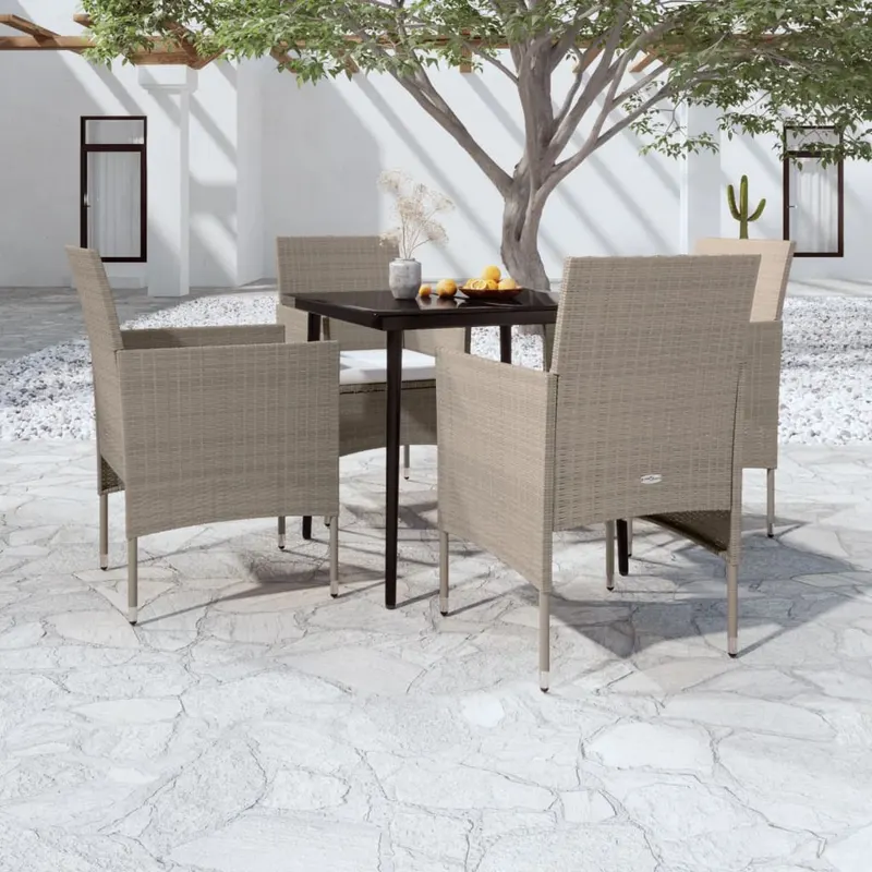 set de masa pentru gradina, 5 piese, cu perne, bej si negru