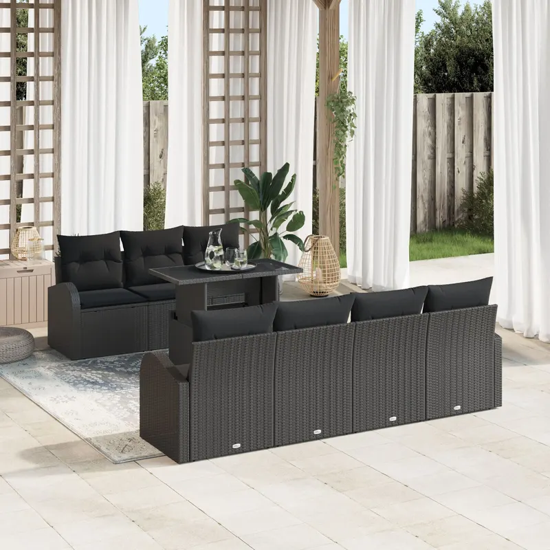 set de 8 piese pentru sofa de gradina cu perne negru din ratan polimeric, sofa de gradina cu 2 locuri cu spatiu de stocare si perne negru din ratan polimeric