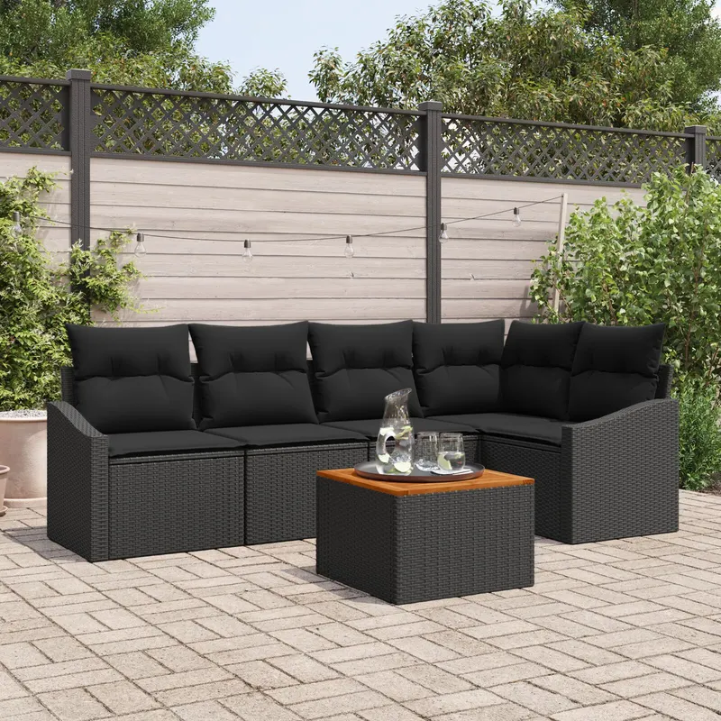 set canapea gradina 6 piese cu perne ratan polimer negru acacia