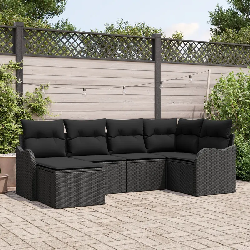 Set de canapea de gradina 6 piese cu perne ratan poliester negru, canapea de gradina 2 cai cu perne ratan poliester negru