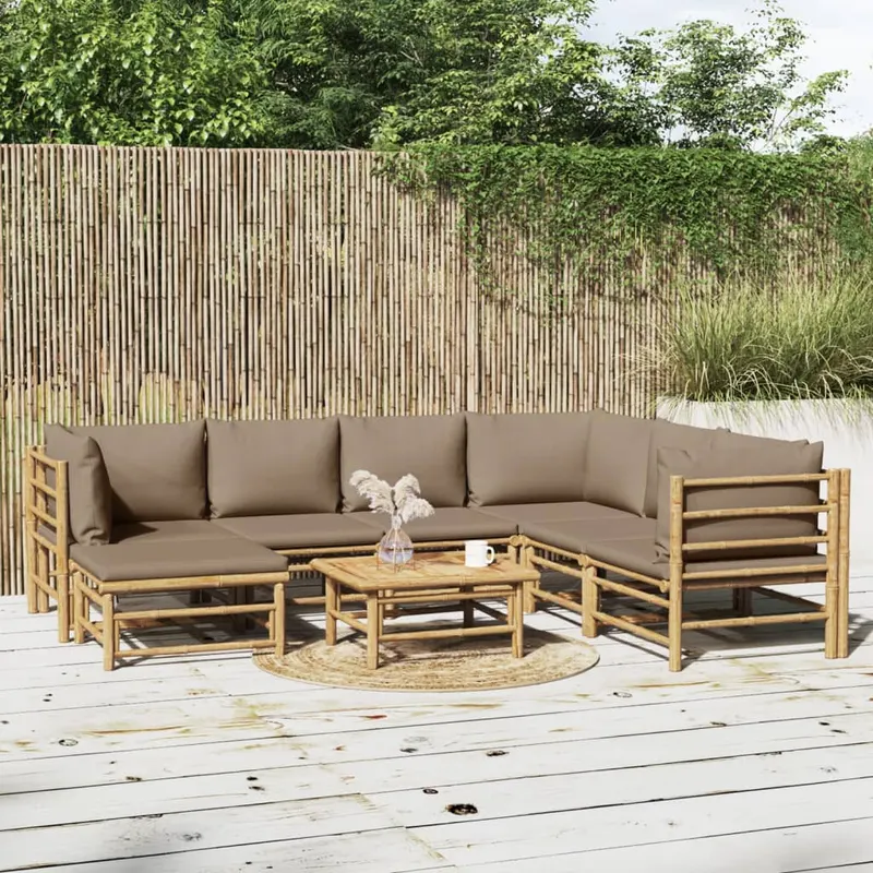 set mobilier de gradina cu perne gri taupe, 8 piese, bambus