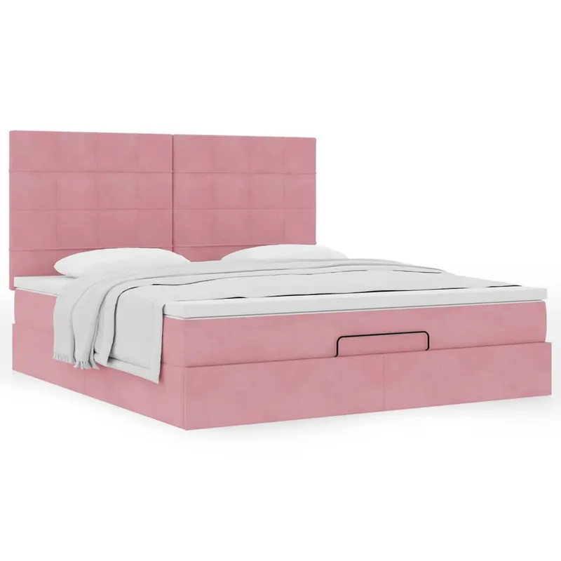 Cadru de pat otoman cu saltele roz 160x200cm catifea