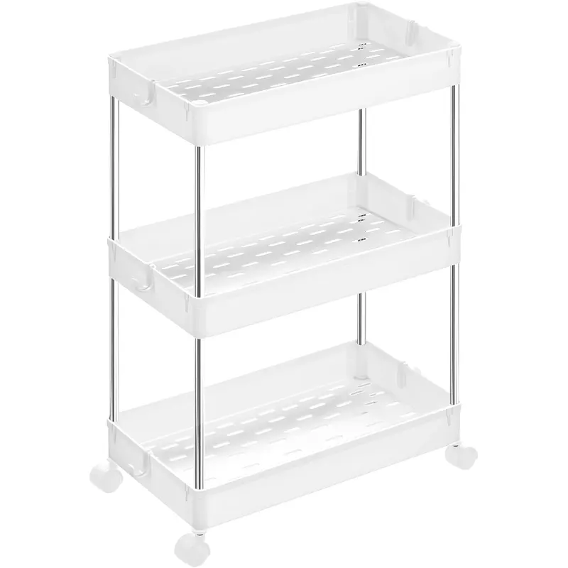 Carucior cu 3 niveluri, rafturi etajate detasabile, roti pivotante 360Â , cadru metalic, 42x24x61 cm, alb