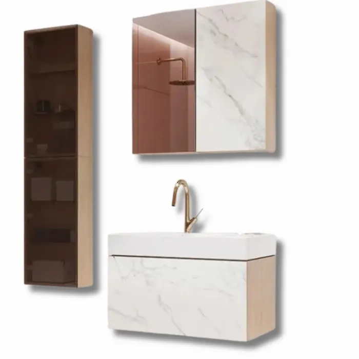 Set complet mobiler baie CALACATTA placat cu ceramica, dulap si lavoar 100 cm Cersanit