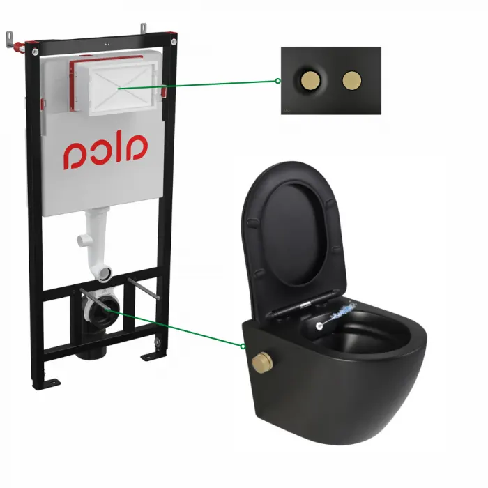 Set vas wc suspendat cu functie bideu si baterie inclusa auriu mat Oslo, rezervor incastrat si clapeta negru mat cu butoane aurii, Alcadrain