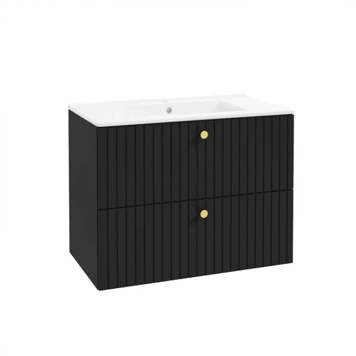 Dulap baie suspendat 80X60 cm pentru lavoar, negru mat, doua sertare softclose Defra Fuego