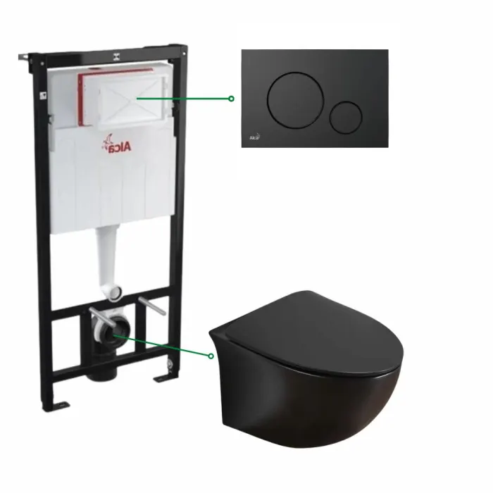 Set vas wc suspendat, rimless negru mat, Alice si rezervor incastrat cu clapeta de actionare neagra, Alcadrain