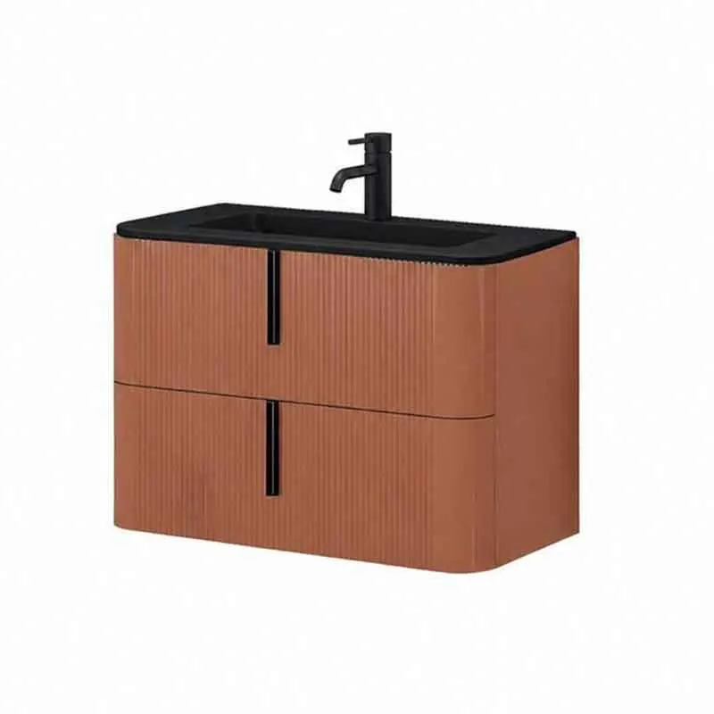 Mobilier lavoar suspendat Fluminia Pisa 80, front riflat, maner negru, 2 sertare, mattone