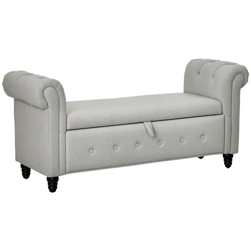HOMCOM Banca cu depozitare, canapea cu două funcții în material textil aspect lin cu picioare de lemn 146,5 x 49 x 72 cm gri