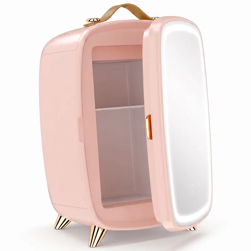 HOMCOM Frigider mic pentru cosmetice cu capacitate 6L cu ușă cu oglindă și lumini LED reglabile 24,3x19,4x35,6 cm Roz