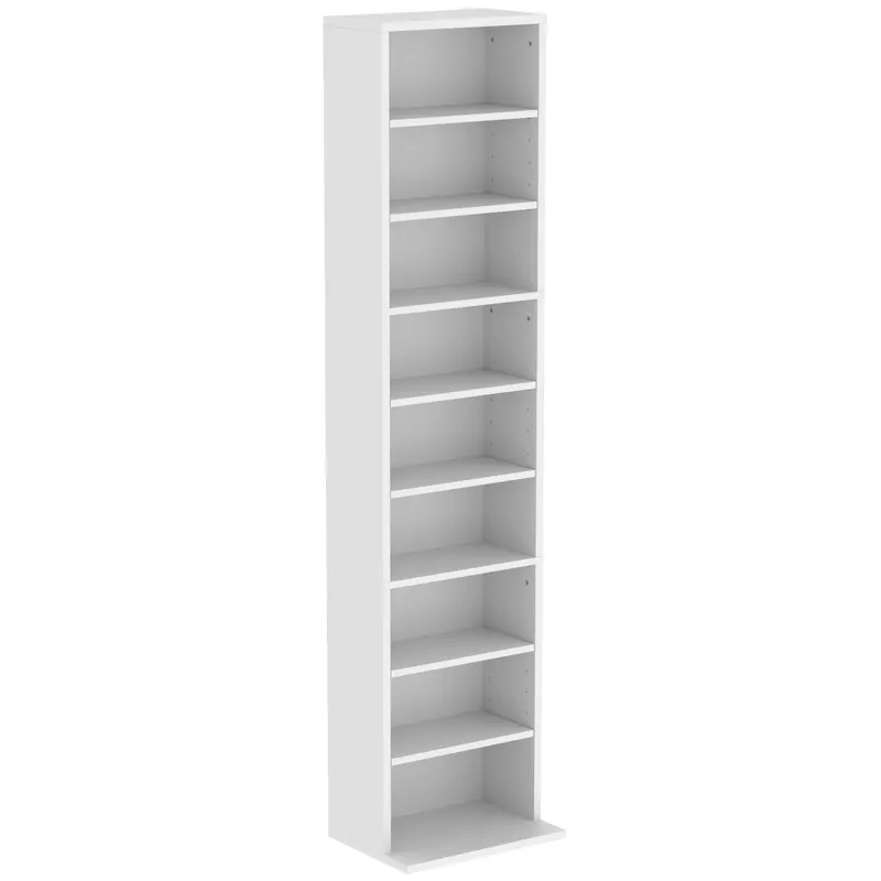 HOMCOM Suport CD-/DVD, 9 nivele, raft îngust cu 6 polițe reglabile, pentru 260 CD-uri, Alb