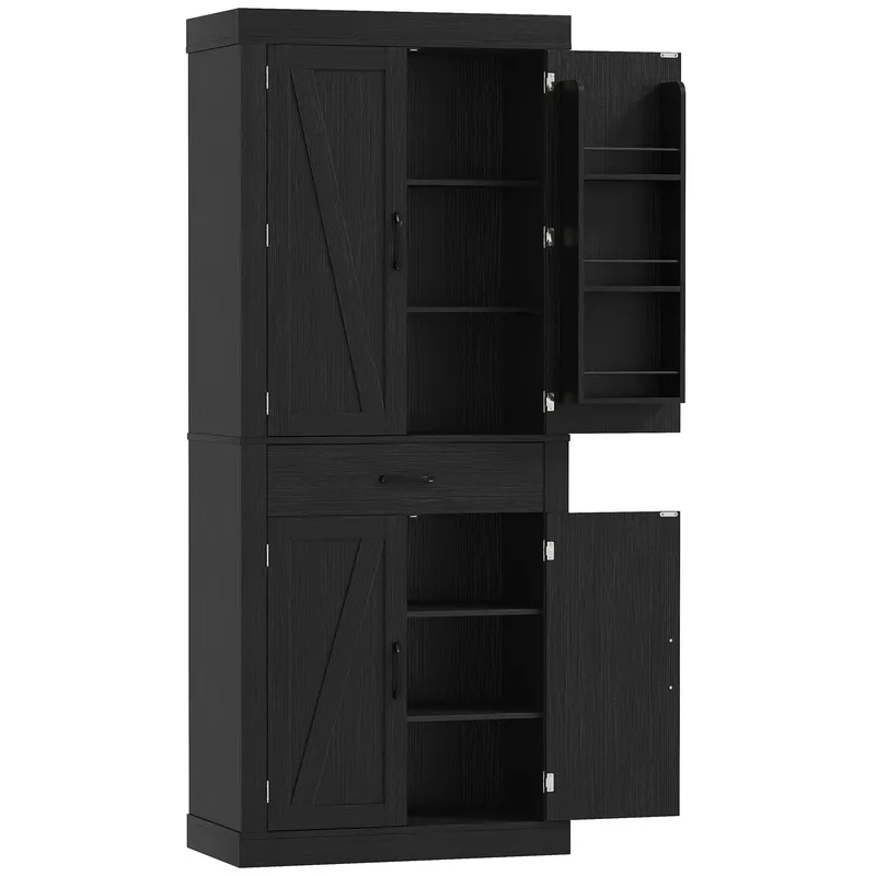HOMCOM Dulap cămară de bucătărie în stil country, cu 2 dulapuri, 6 rafturi și sertar, din lemn, 76 x 39,5 x 183,5 cm, negru