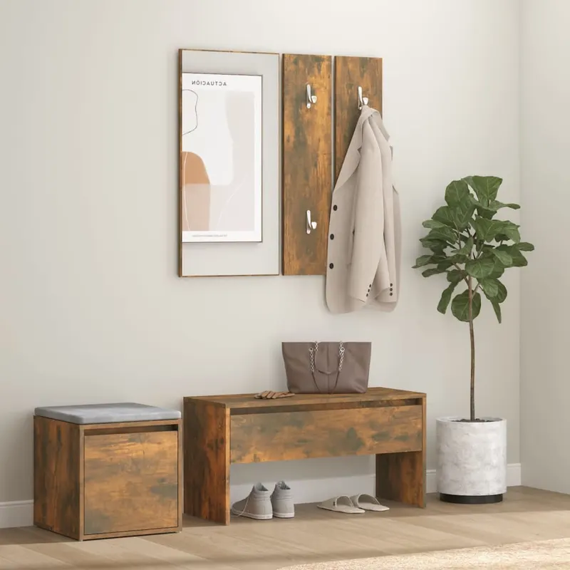 set de mobilier pentru hol, stejar fumuriu, lemn prelucrat
