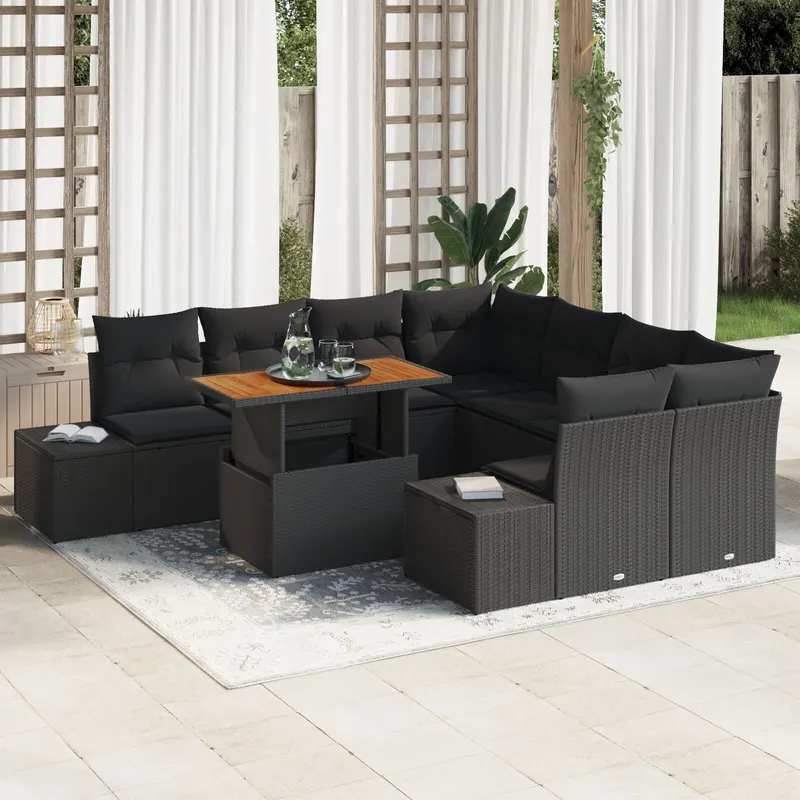 set de 9 piese de sofa de gradina cu pernute negru din ratan poly