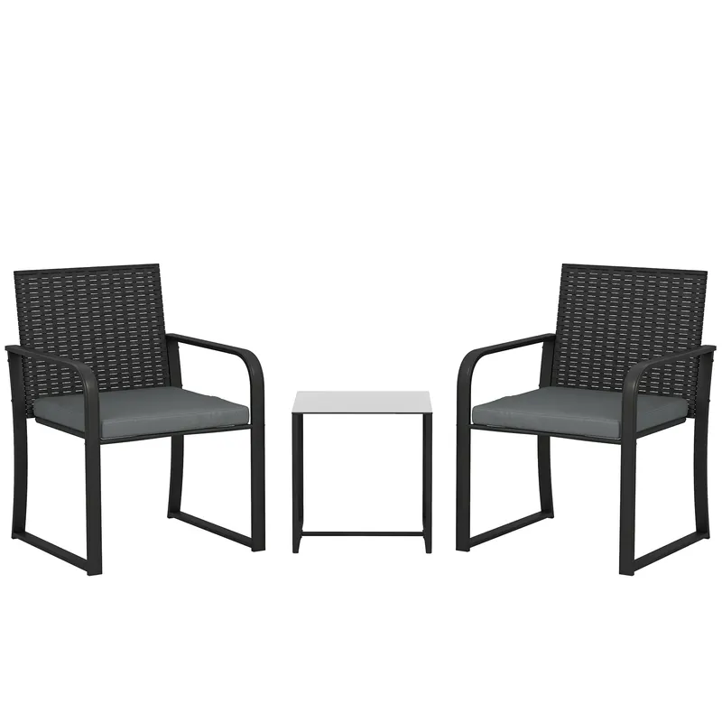 Outsunny Set de mobilier de grădină din ratan sintetic cu 2 scaune cu perne și masă cu blat din sticlă, gri
