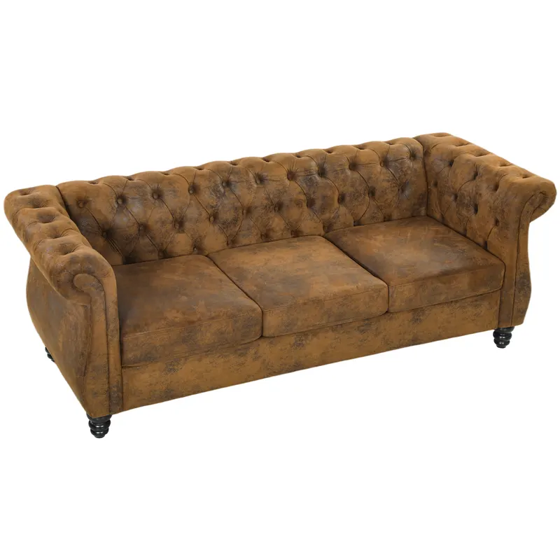 HOMCOM Canapea Chesterfield 3 Locuri din Material Respirabil cu Aspect de Piele, Șezut Lat, Umplutură Groasă, Maro Cafea