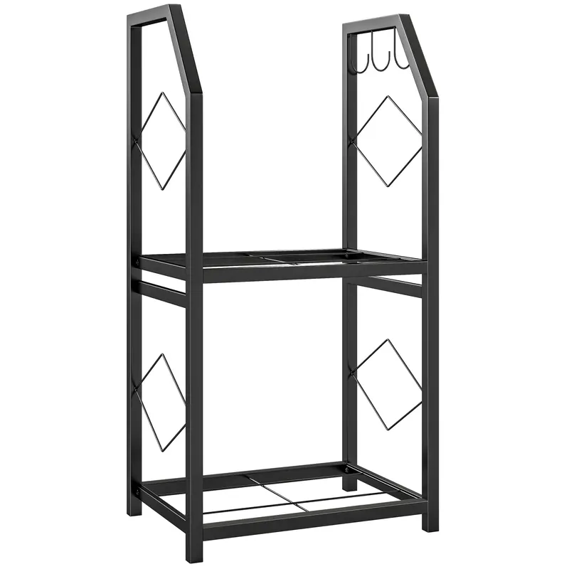 Outsunny Suport de Lemne din Oțel pe 2 Nivele cu 3 Cârlige Laterale 41x30x81cm Negru