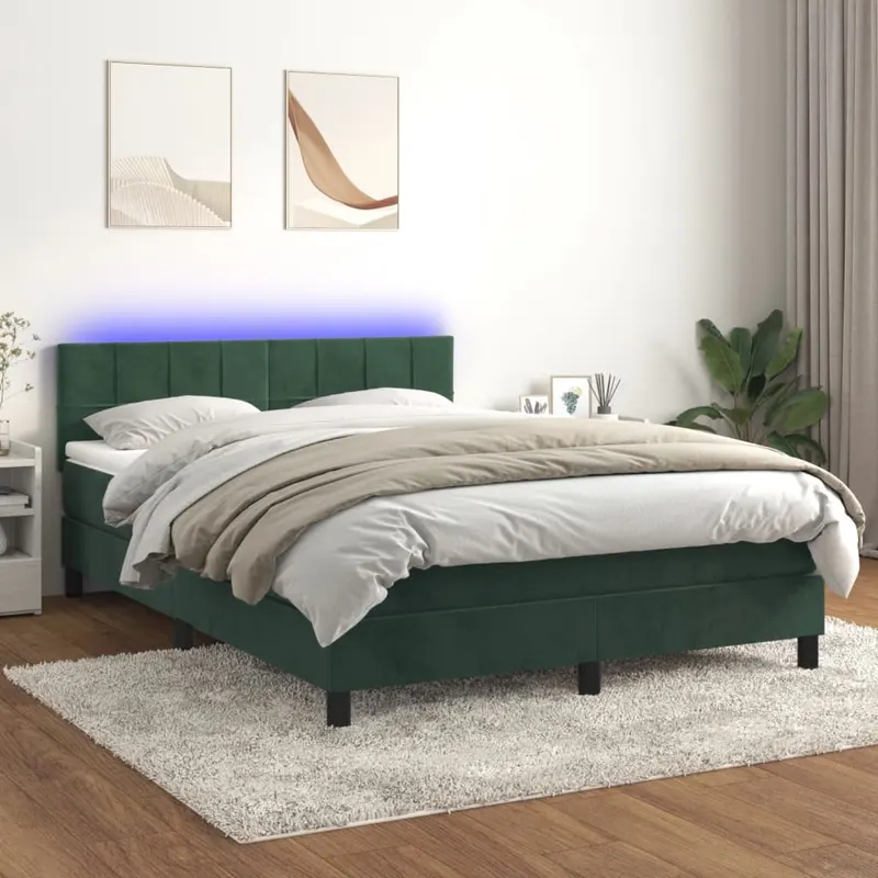 pat cu arcuri, saltea si led, verde inchis, 140x190 cm, catifea