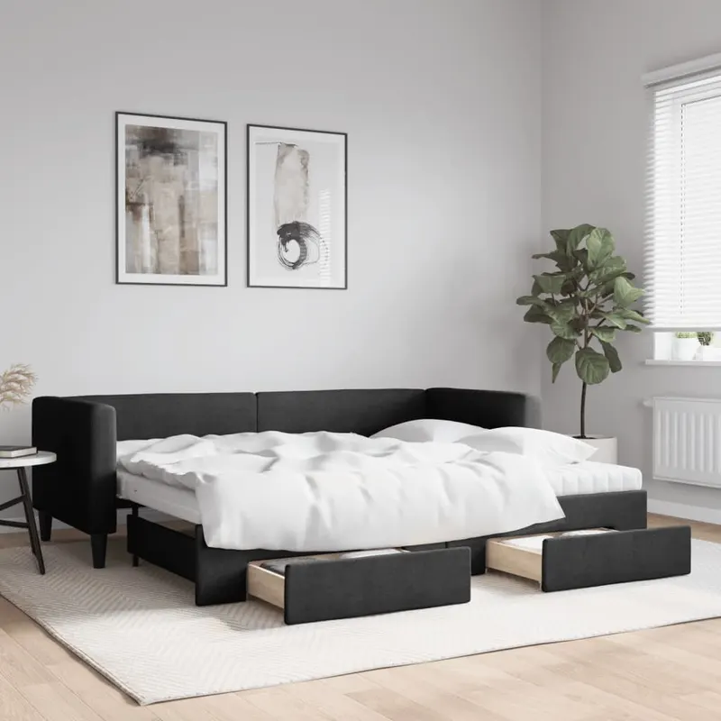 pat de zi cu extensie si sertare, negru, 80x200 cm, textil