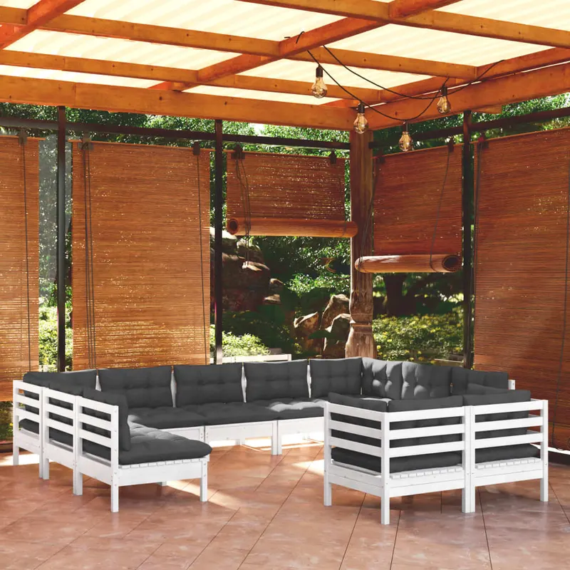 set mobilier gradina cu perne, 11 piese, alb, lemn masiv de pin