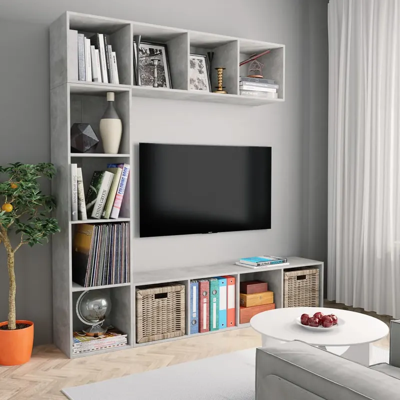 set biblioteca/comoda tv, 3 piese, gri beton, 180x30x180 cm