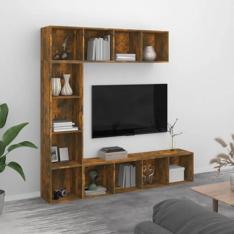 set dulap tv/carti, 3 piese, stejar afumat, 180x30x180 cm