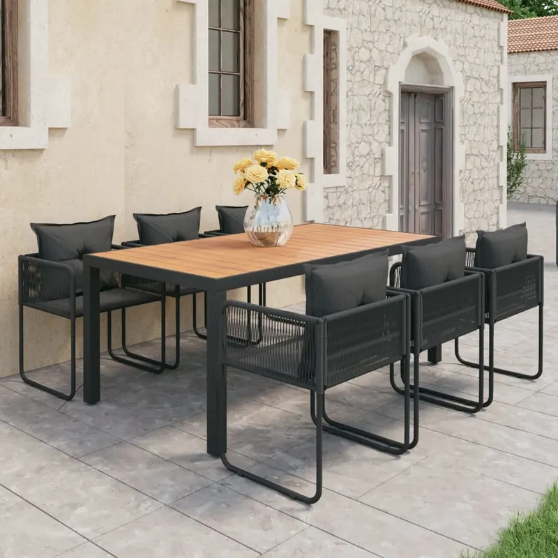 set mobilier de gradina, 7 piese, negru si maro, ratan pvc
