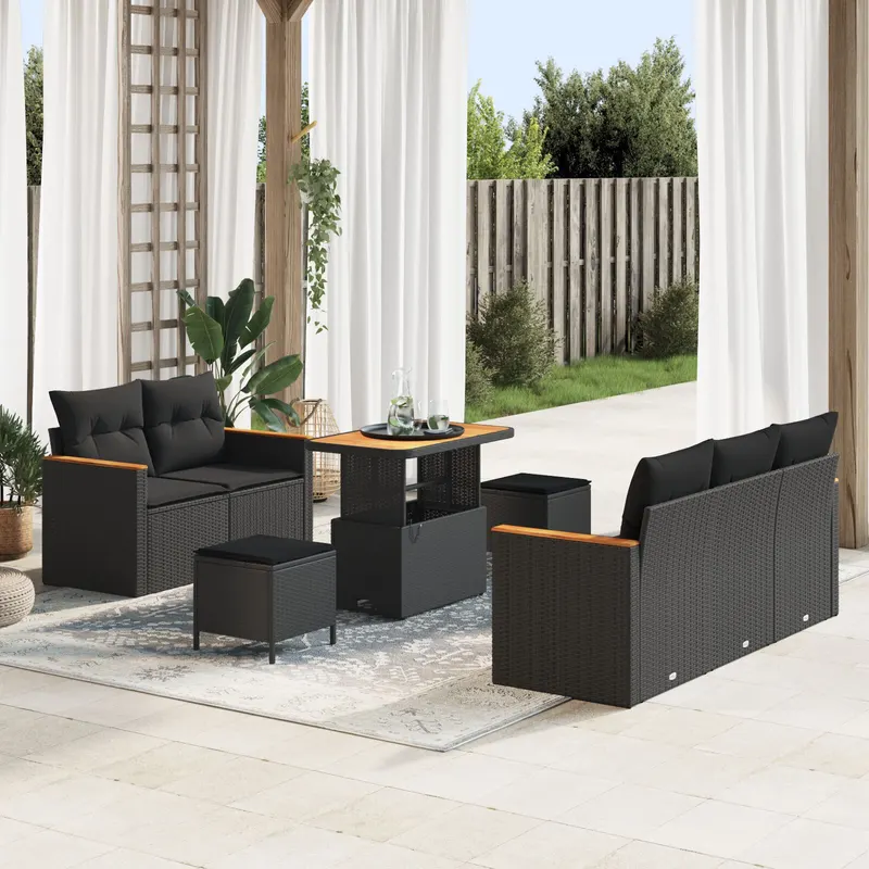 Set canapea gradina 8 piese si pernute negru poliratan acacia, set dining gradina 3 piese si pernute negru poliratan acacia