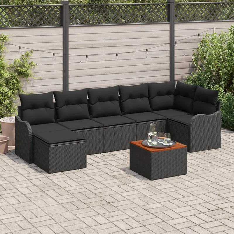 Set de canapea de gradina 8 piese cu perna negru poliratan acacia, sofa de gradina 2 persoane cu perna negru poliratan