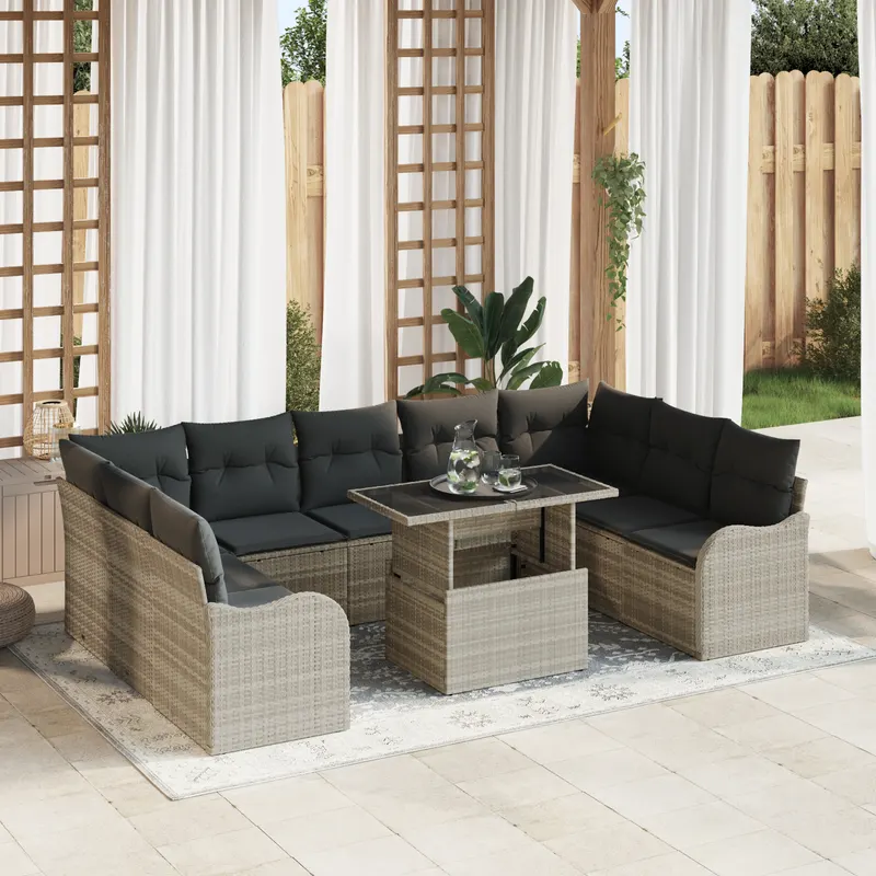 Set de canapea gradina 10 piese cu perne gri deschis din ratan poly, canapea gradina 2 locuri cu perne gri deschis din ratan poly