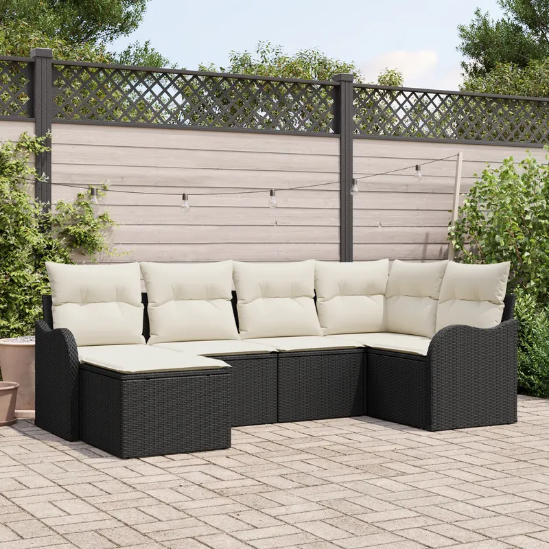 set de canapea de gradina cu perne, 6 piese, ratan poli negru
