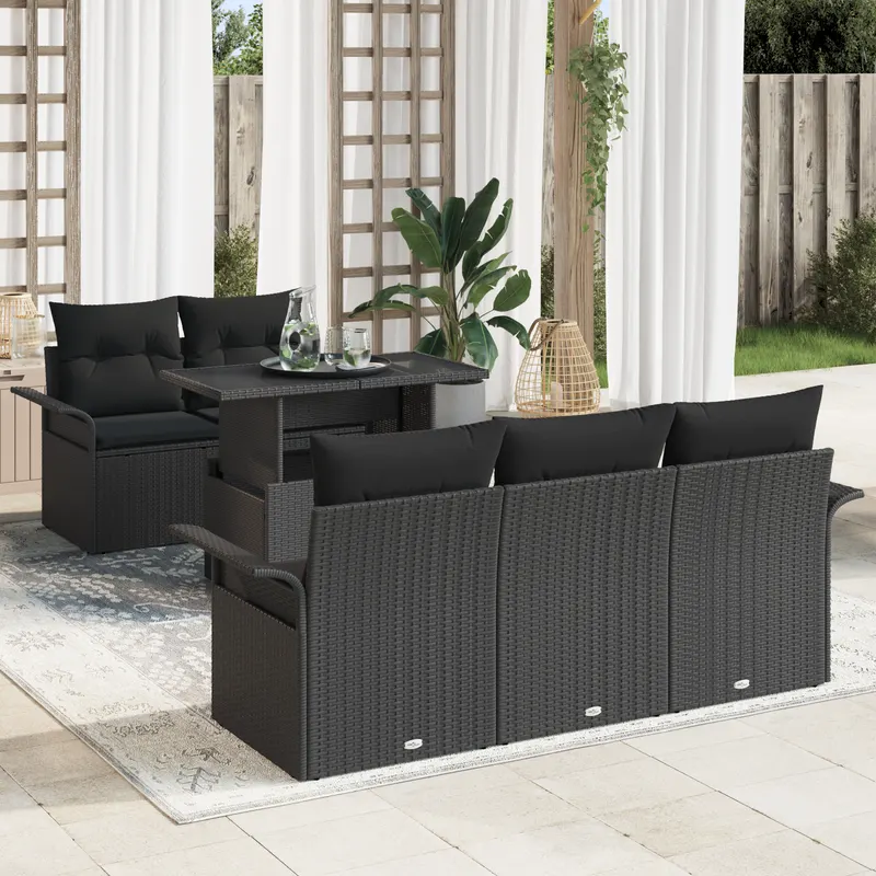Set canapea gradina 6 piese cu perne din ratan poly negru, canapea gradina 2 persoane cu depozitare si perne din ratan poly negru