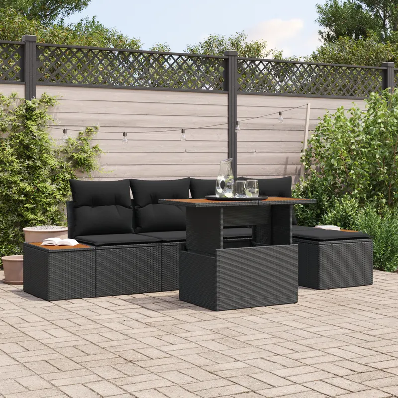 set canapea gradina 6 piese cu perne negru ratan poliester
