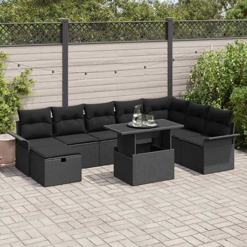 set canapea gradina cu 9 piese si perne negru din poliratan