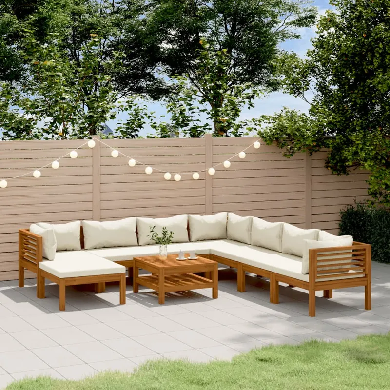 set mobilier gradina cu perne crem, 9 piese, lemn masiv acacia