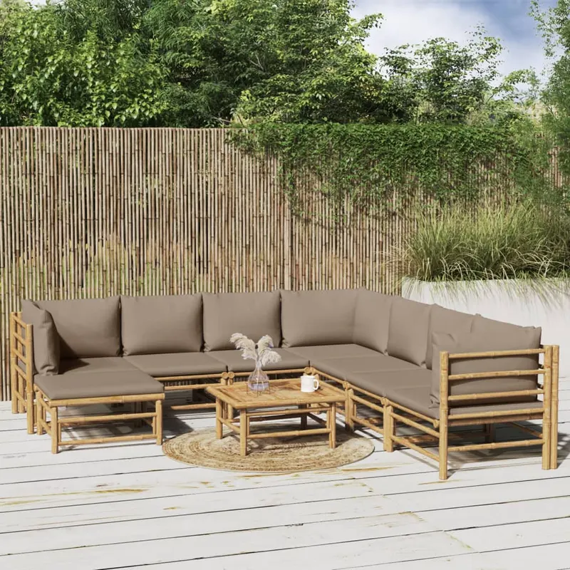 set mobilier de gradina cu perne gri taupe, 9 piese, bambus