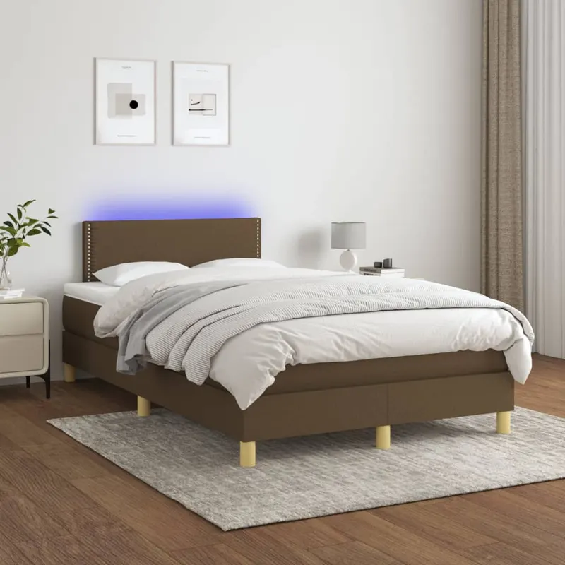 Pat cu arcuri, saltea si led, maro inchis, 120x200 cm, textil